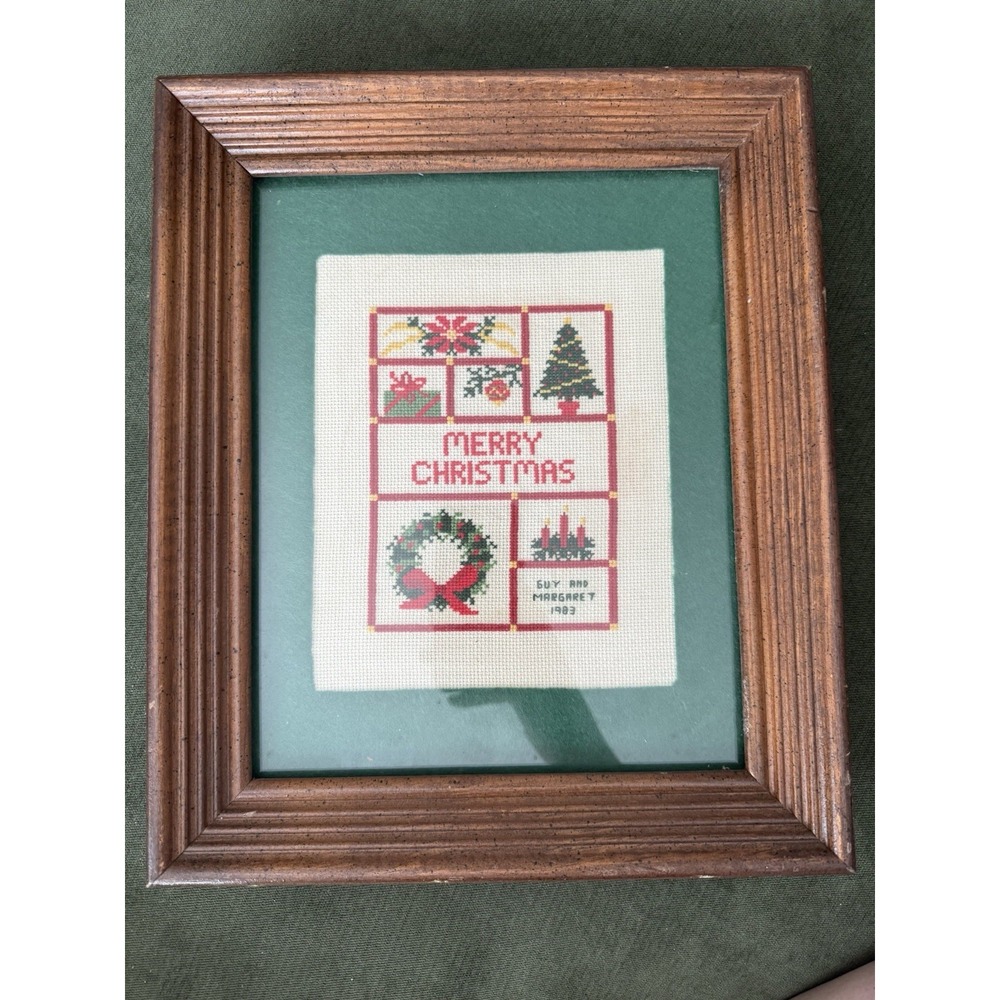 Vintage Cross Stitch "Merry Christmas" Handmade Signed 1983‎ Framed Art 11x9"